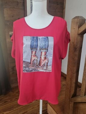 Bright Red Graphic Tee with Rhinestone Heel Print